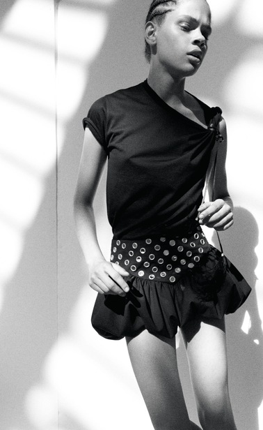 SAINT LAURENT Short Skirts Woman Mini skirt with a ruffled basque in embroidered black gabardine x_V4